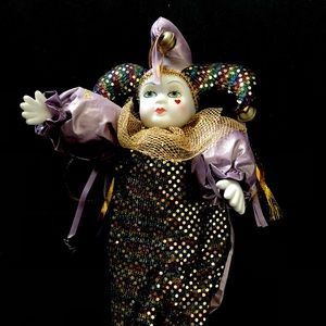 18” New Orleans Mardi Gras Porcelain Harlequin Jester Doll